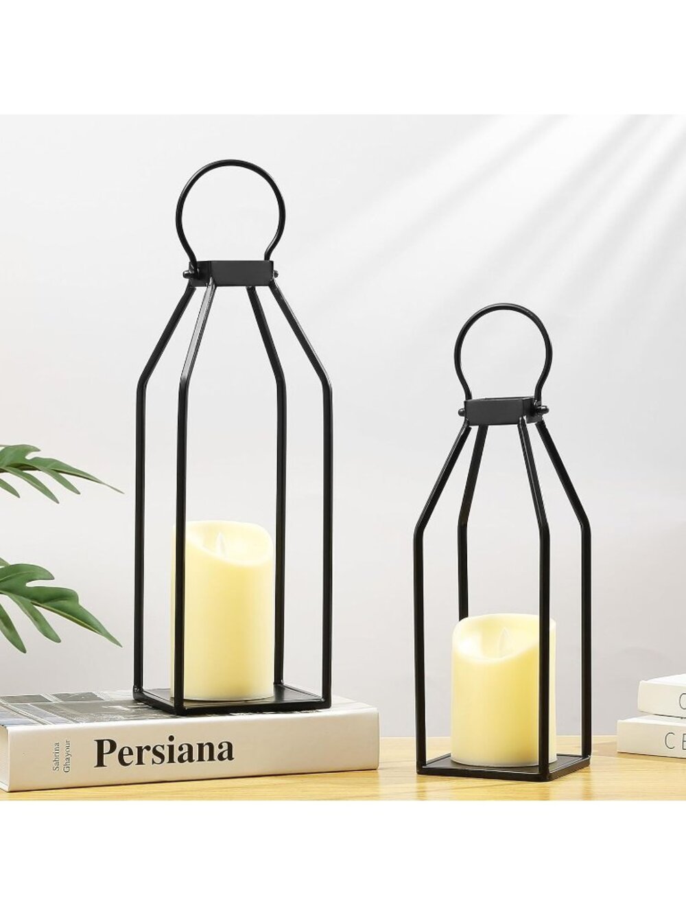 New Set of 2 Black Metal Farmhouse Lanterns with LED Candles Remote Timer - Picture 2 of 6